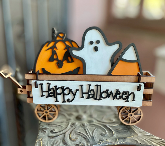Interchangeable Seasonal Wagon, Decorative Shelf Sitter Halloween Wagon Decor, Happy Signs