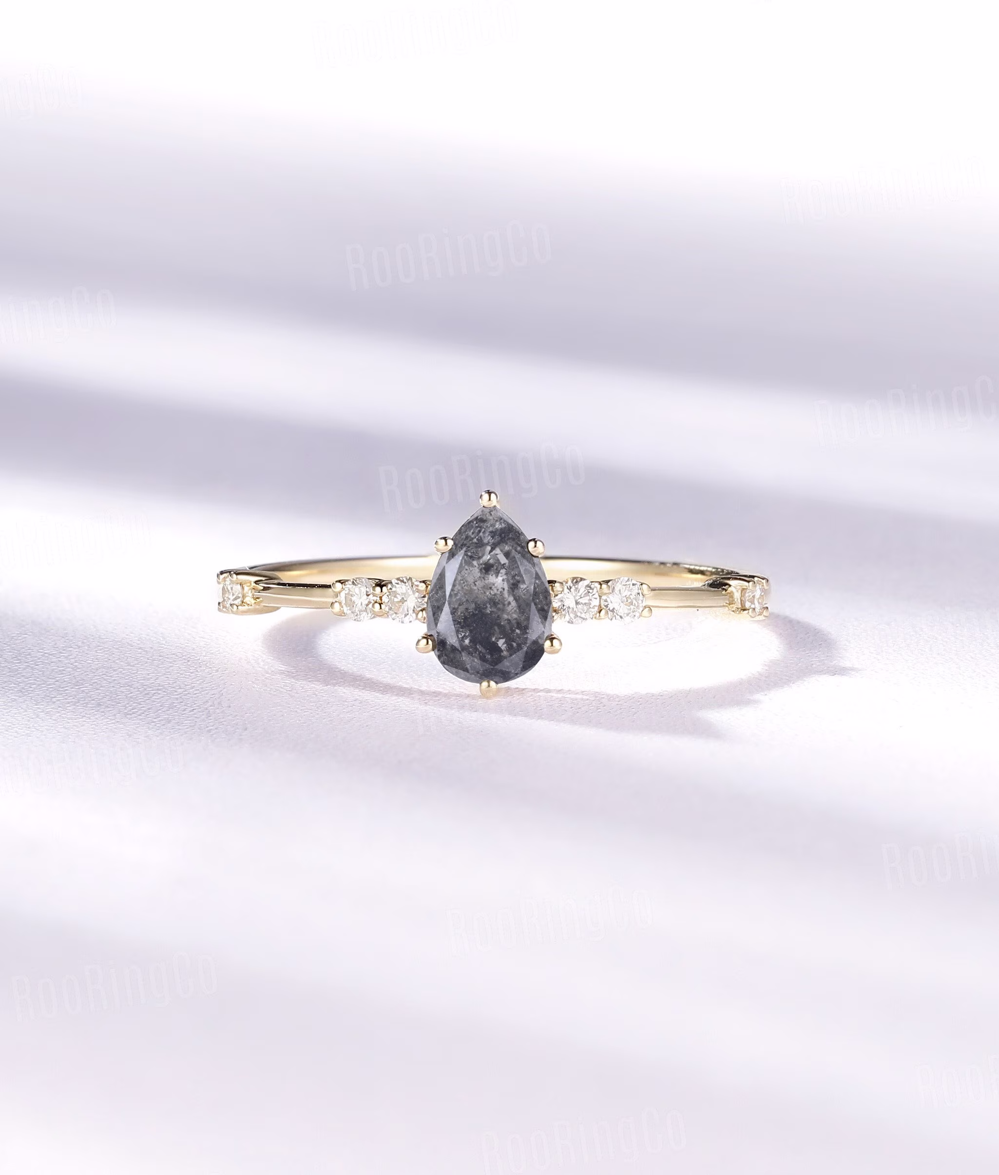 Salt & Pepper Diamond Engagement Ring Pear Shape Vintage Yellow Gold Antique Art Deco Unique Promise Anniversary Bridal