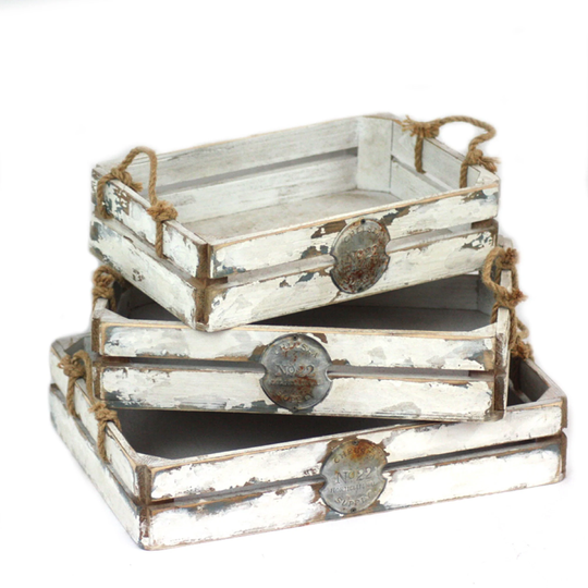 Set Of 3 Distressed Wooden Planters