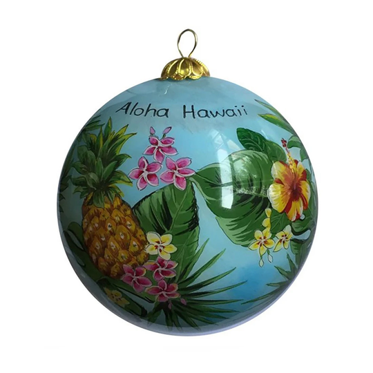 Hand Painted Hawaiian Hibiscus Plumeria Flower Monstera Leaf Bouquet Pineapple Aloha Hawaii Christmas Decoration House Accent Ornament