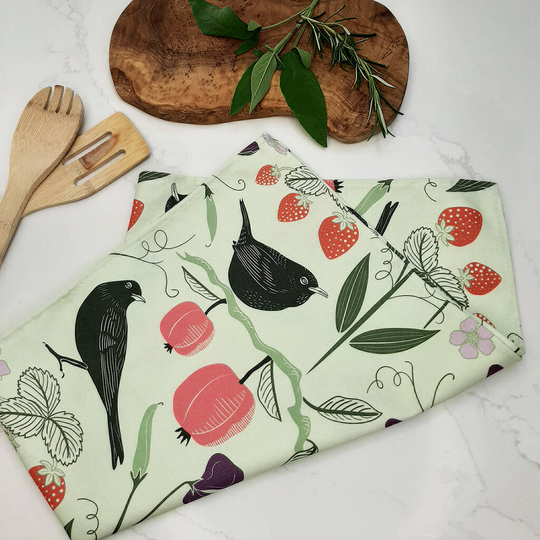 Fruits And Birds Cotton Tea Towel