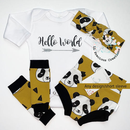 Pandas High Waist Bummies Organic Baby Girl Outfit Mustard Shorts Hello World Newborn Leg Warmers Bloomers Mitts
