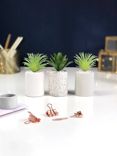 Set Of Three Desk Plants, Granite Effect Pots, Mini Artificial Succulents & Air Plants