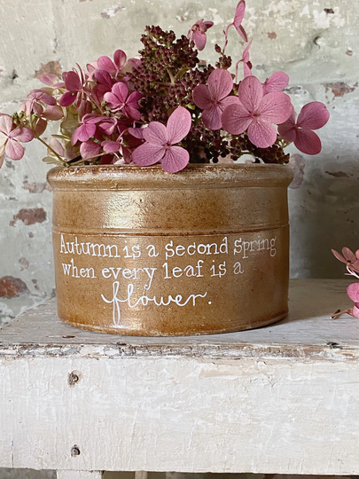 Antique French Stoneware Salt Glaze Crock Preserve Jar With A Hand Painted Quote