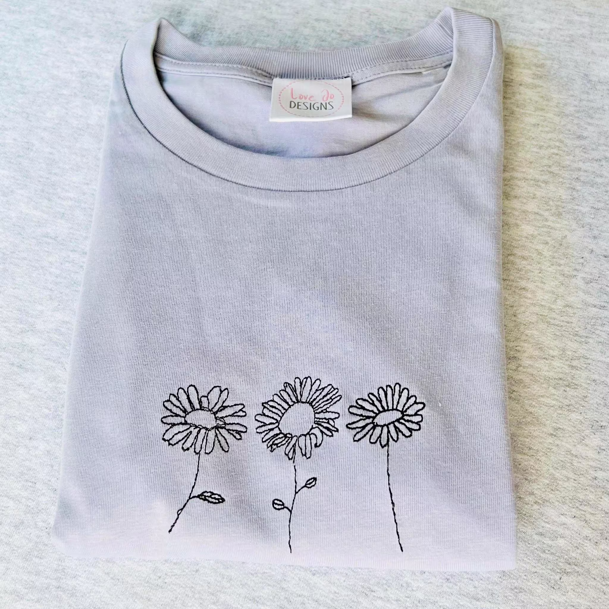Organic Sunflower Sketch T-Shirt - Embroidered Trio Of Sunflowerss Hand Drawn Designs Sustainable Clothing Soft Unique Top