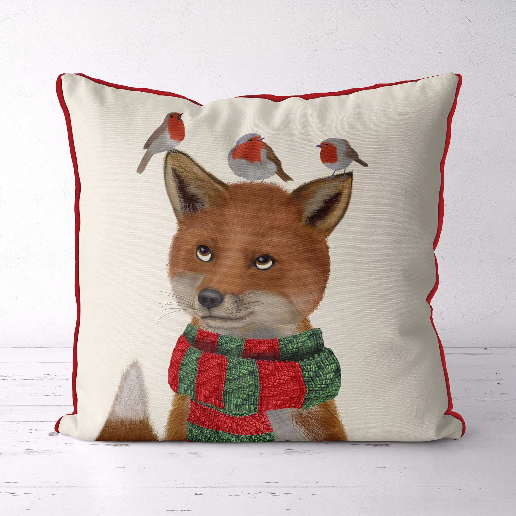 Christmas Pillows Cover, Woodland Fox in Scarf With Robins, Red Cushion Holiday Season Gift Buying, Cute & Funny Festive