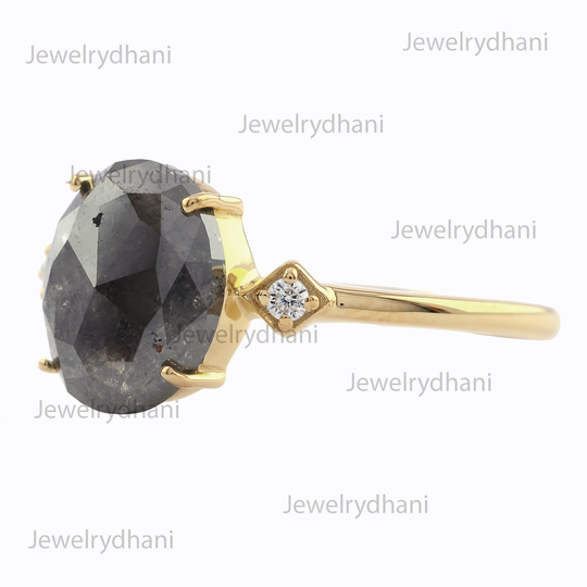14K Solid Gold Salt & Pepper Diamond Anniversary Ring, Unique Solitaire Grey Ring Minimal Engagement Mother's Day Gift