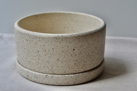 Speckled Clay Bonsai Pot, Matte, Unglazed Rustic Surface | Round Ceramic Planter With Base Plate Handmade Succulent