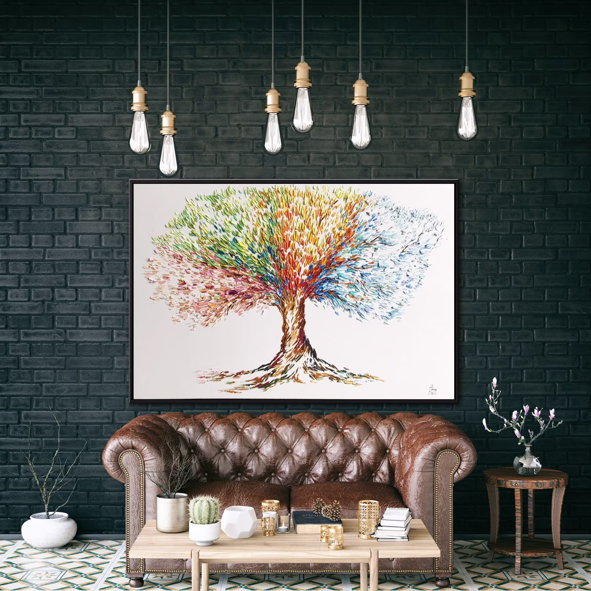 Large Abstract Tree Painting On Canvas Four Seasons Wall Art Impasto Personalized 36x54 Above Bed Decor