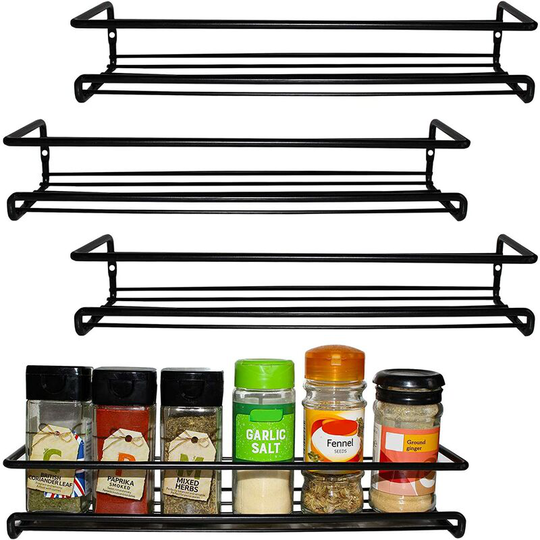 RHAFAYRE Black Wall Mounted Spice Rack (Set of 4) - Spice and Herb Holders for Kitchen Walls and Single Floor Cabinets - Wall Mounted Spice Rack for