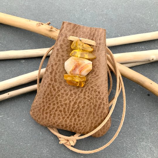 Vegan Leather Medicine Bag Copal Beads Amulet Crystal Faux Healing Stones Spiritual Gift Mala Eco Necklace Pouch