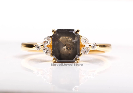 Salt & Pepper Diamond Ring | Minimalist Emerald Shape Unique Engagement Galaxy J0083