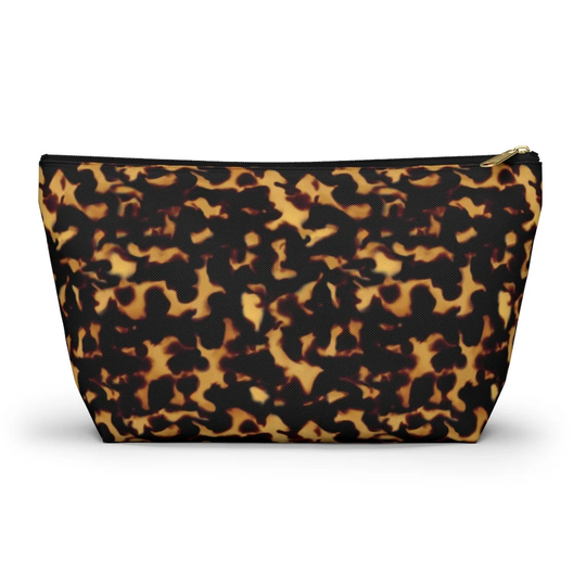 Tortoiseshell Print Accessory Zipper Pouch, Make-Up Cosmetic Travel Bag W T-Bottom, Tortoise Pencil Case, Black/Gold