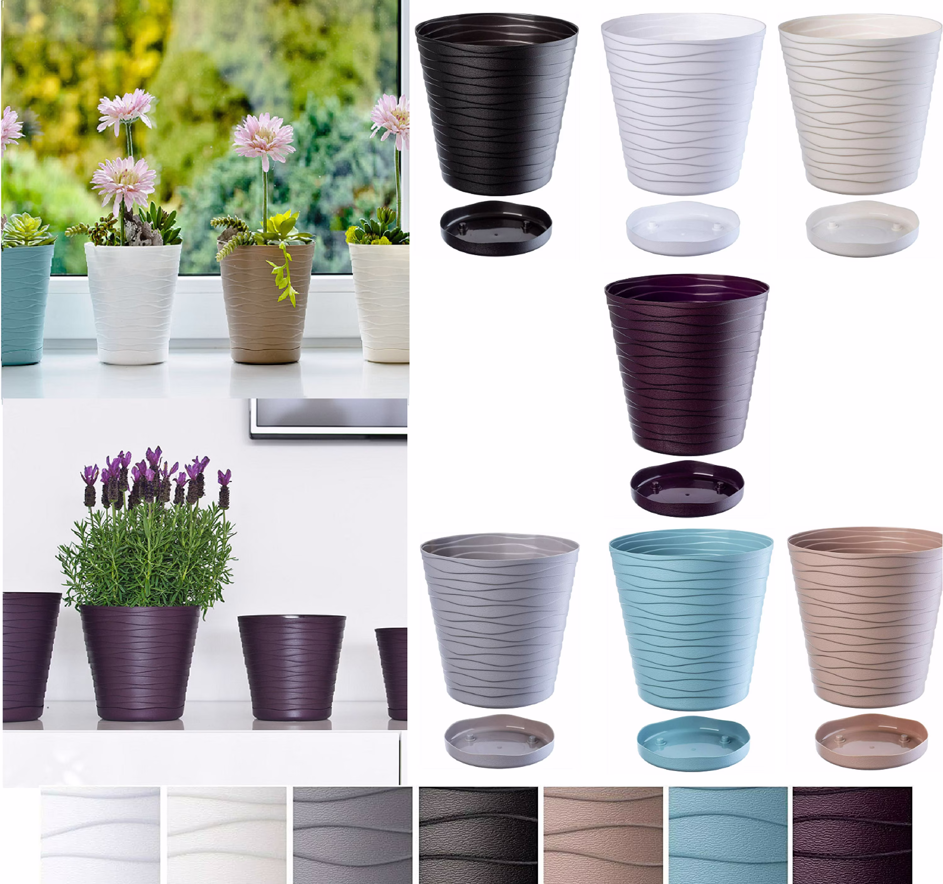 Flowerpot Round Plastic Plant Pot 7 Colours Modern Decorative Small Medium Large + Saucer