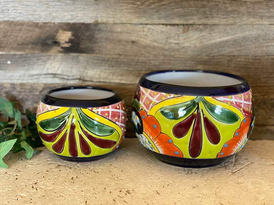 Handcrafted Talavera Fish Bowl Planter Hand Painted Flowers Clay Pot Colorful Mexican Pottery
