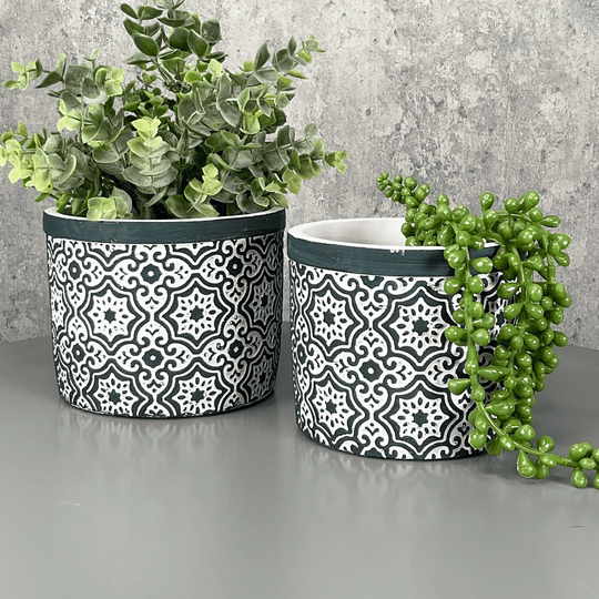 Indoor Abstract Planter, Black & White Embossed Plant Pots, Small Medium Planter