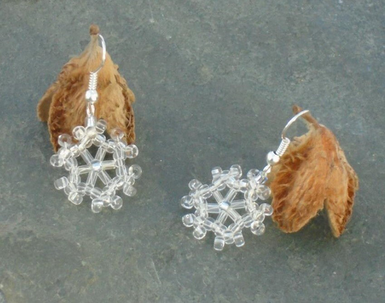 Snowflake Earrings, Czech Seed Bead Earrrings, in Transparent Crystal & Ice Blue Seed Beads, UK Seller