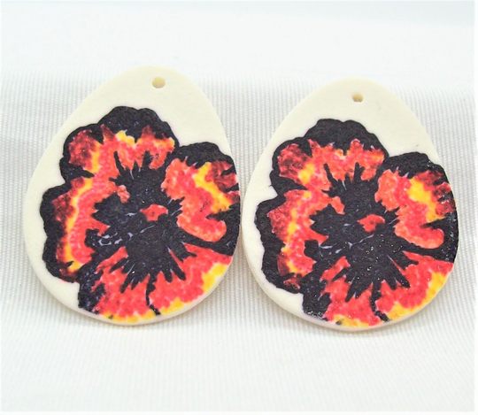 Polymer Clay Leather Look Components - Stamped Hibiscus & Hand Painted With Ink