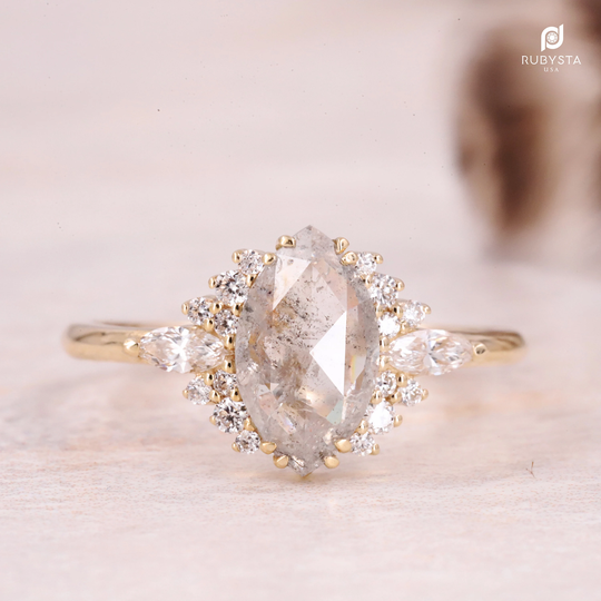 Milky Salt & Pepper Diamond Ring | Marquise Engagement White Milky Diamond Salt Pepper Engagement Ring