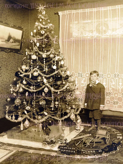 Antique Edwardian Photo Of A Little Boy Beside Christmas Tree Season Winter Solstice Holiday 5x7 Greeting Card