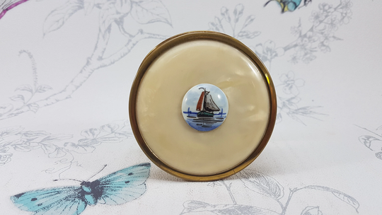 Vintage Powder Compact Mirror, Pearlescent Lucite With Hand Painted Porcelain Central Decoration Depicting A Sail Boat
