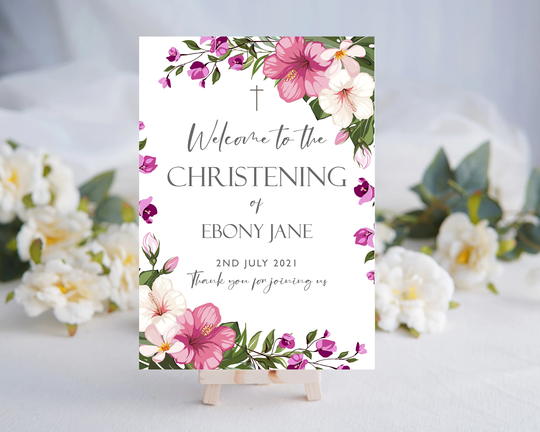 Christening - Welcome Sign Tropical Hibiscus Flowers Leaves in Pink Baptism Personalised Poster Print On Card Board For Easel Stand