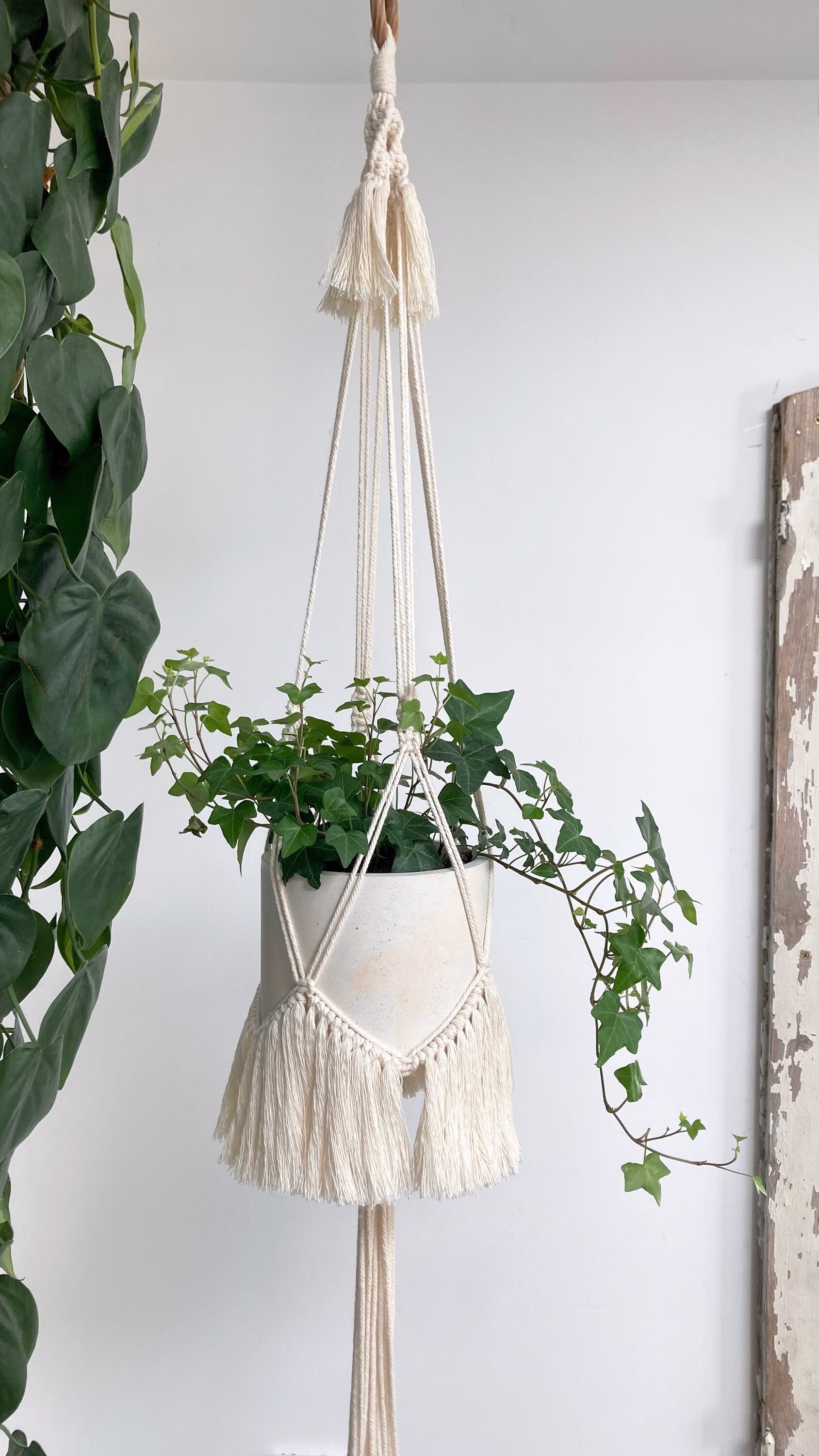 Macrame Plant Hanger With Fringe | Boho Hanging Pot Holder Natural Cotton Macrame