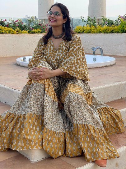 Organic 5-Tiered Dress - Hand-Blocked Ivory Mustard Maxi Tier Dress Cotton