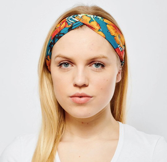 Bronte Headband Girls Or Ladies Size Small Twisted Knot Floral Hibiscus Hairband in Jade & Orange