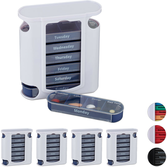 Set of 5 Relaxdays 7-Day Pill Towers, Weekly Medicine Boxes, 4 Compartments, Sliding Lids, Blue/White