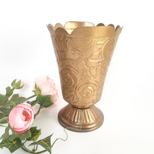 Bird Motif Vintage Brass Vase Or Pot Planter 7