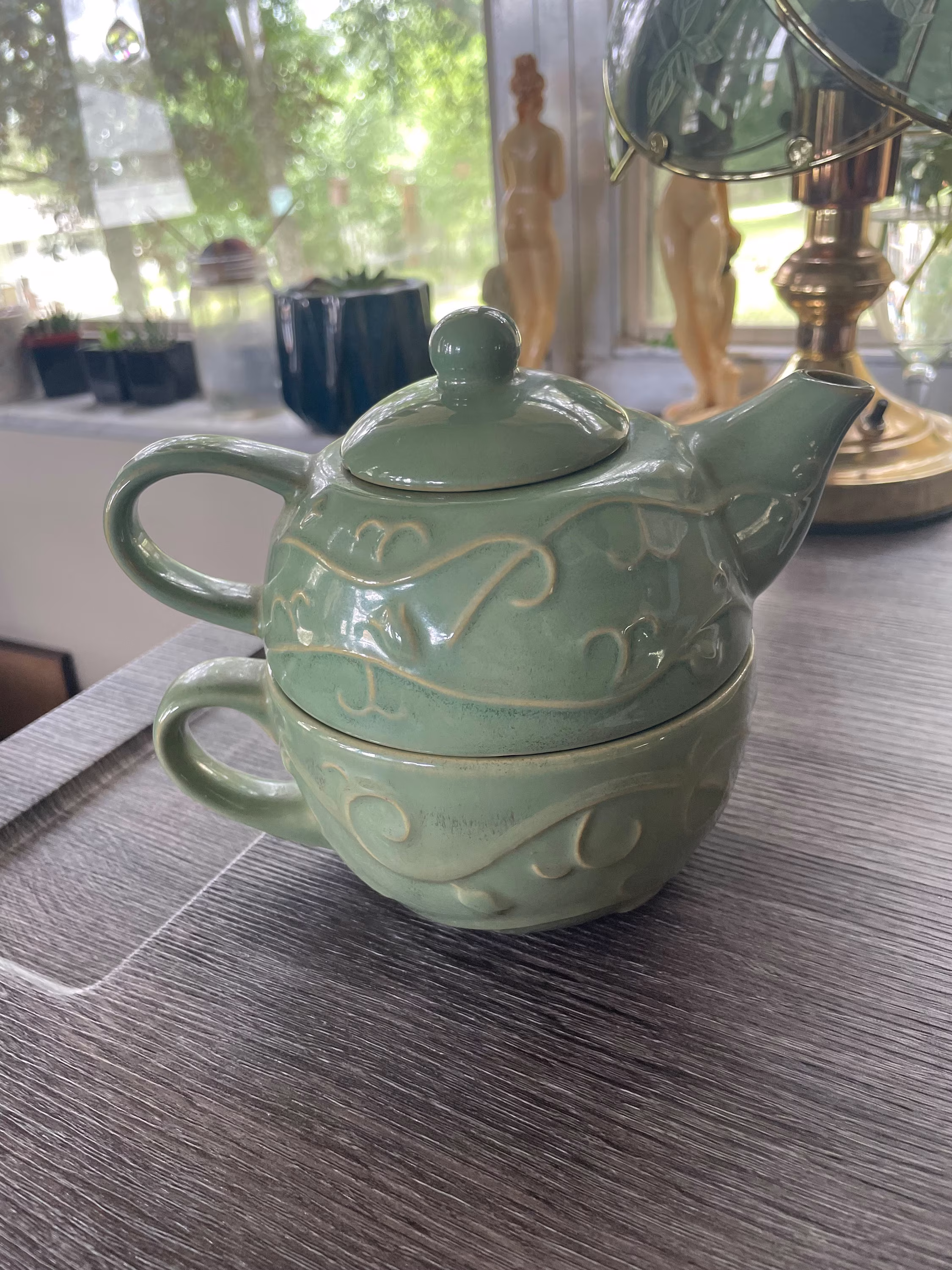 3 Piece Tea Kit, Peir 1, Tea Pot & Cup Great Condition, Cottage Core/ Sage Green Pot, Cup Set, Witchy, Kitchen Witch, Witch