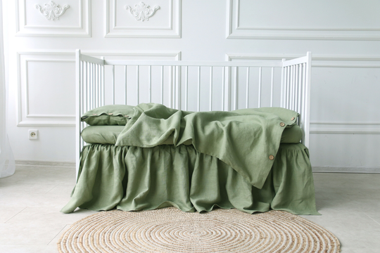 Organic Linen Kids Bedding Set, Cot Bedding Set Sage Green, Green Baby Duvet Cover, Cot Duvet Sustainable For Babies