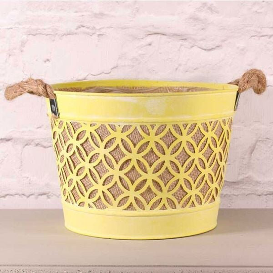 Yellow Planter With Rope Handle 28cm Herb Pot Flower Metal Planter - Fast & Free UK Delivery