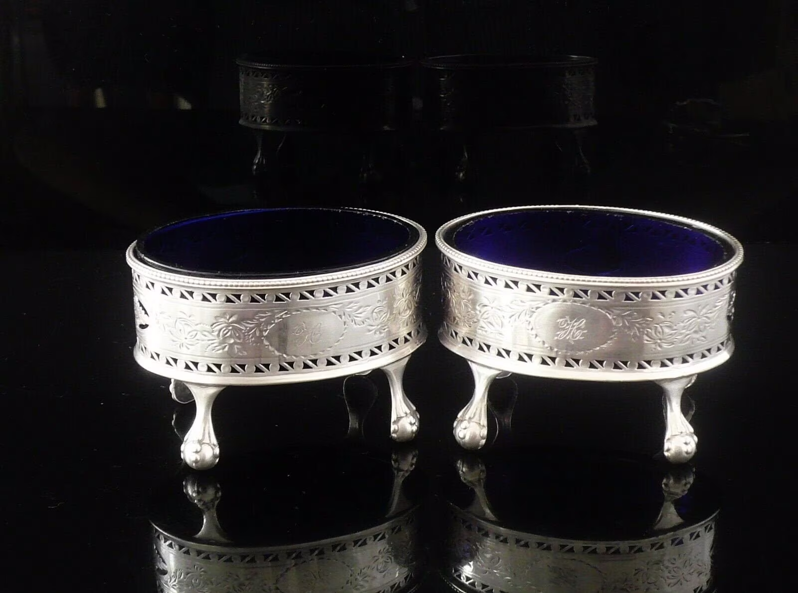 Silver Salt Cauldrons, Pair, Antique, Sterling, Tableware, Condiment, Intaglio Duty Head, Charles Hougham, Hallmarked London 1784, Ref571R
