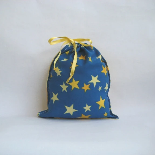 Stars Drawstring Bag, Cotton Fabric Pouch, Reusable Bag Navy Blue Yellow, Upcycled Country Style Gift Eco Friendly Striped 10 X 12