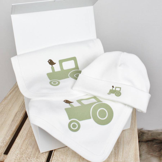 Organic Green Tractor Blanket, Bib And Beanie Gift Set