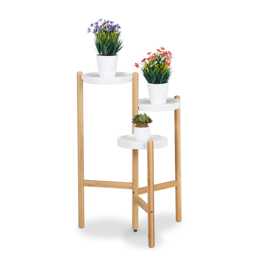 3-Tier Flower Rack, Round Trays for Indoor Use, Metal & Bamboo, Plant Stand, hwd 78x53x45 cm, Natural/White - Relaxdays