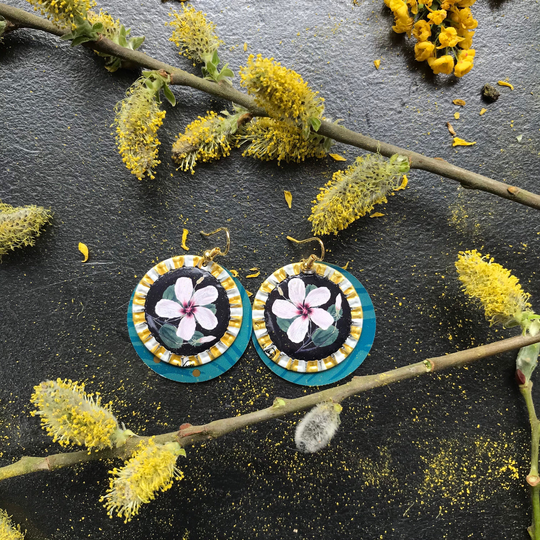 White Hibiscus Eco Earrings/ Zero Waste Lifestyle/ Repurposed Tropical Vibes