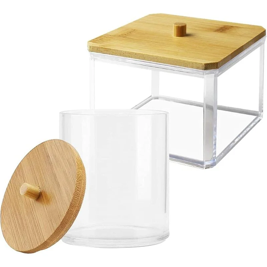 Round and square acrylic dispenser with bamboo lid for cotton balls and bath salt