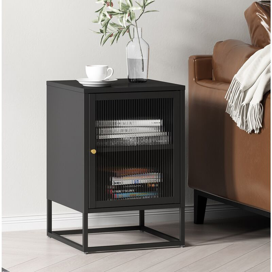 Hallowood Furniture - Bewdley Small Black Metal Cabinet for Living Room - Side Table with Glass Door - Bedside Table with Powder Coated Metal Frame