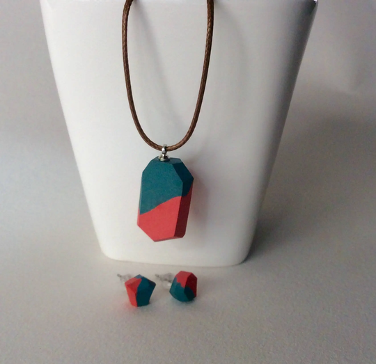 Handmade Powder Pink+Blue/Turquoise + Cerise Clay Pendant With Geometric Design Necklace & Matching Stud Earring Set