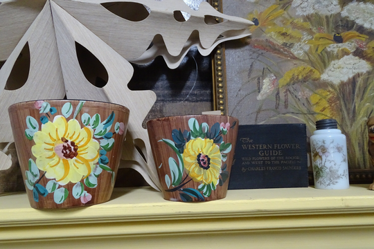 Retro Hand Painted Italian Pottery Flower Pots, Vintage Yellow Flowers & Greenery Pot Set, Herb