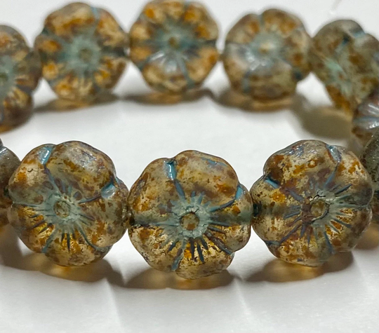 Hawaiian Hibiscus Flower Beads Transparent Glass With Picasso Etched Finish Turquoise Wash Czech Table Cut Carved Coin 12mm 12 Beads
