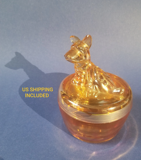 Trinket Box Marigold Carnival Glass Scottie Dog Jeannette Iridescent 1950S Vintage Powder Free Shipping