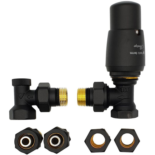 Varioterm - Angled Version Black Powder Coated Brass Thermostatic Lockshield Valve Radiator Set + Copper (Cu) and pex Connectors