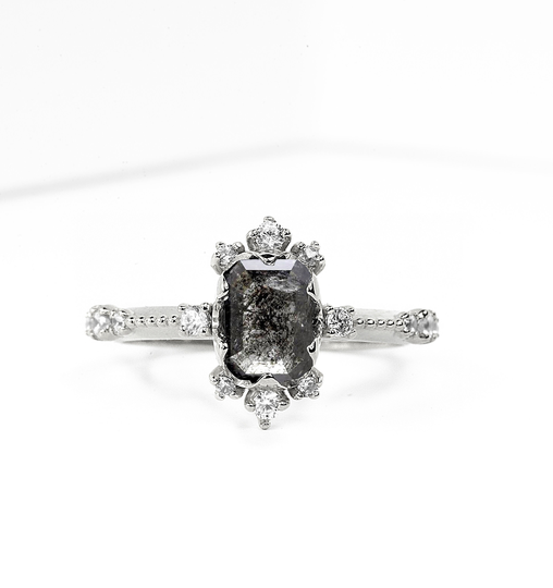 Emerald Cut Salt & Pepper Daimond Multistone Ring | Dainty Art Deco Grey Diamond Unique Style Bridal For Her