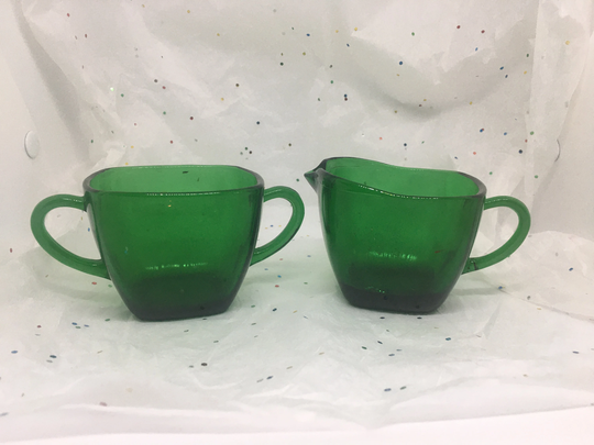 Vintage Anchor Hocking Emerald Green Glass , Sugar & Creamer Set 1950S, Midcentury