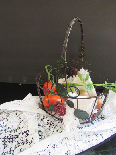 Vintage Metal Wire Rose Embellished Basket Storage Foraging