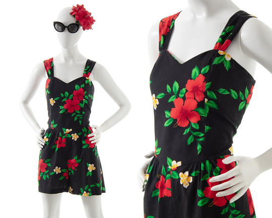 Vintage 1980S Romper | 80S 90S Hawaiian Hibiscus Floral Print Smocked Cotton Black Red Shorts Playsuit Jumpsuit | Large/x-Large